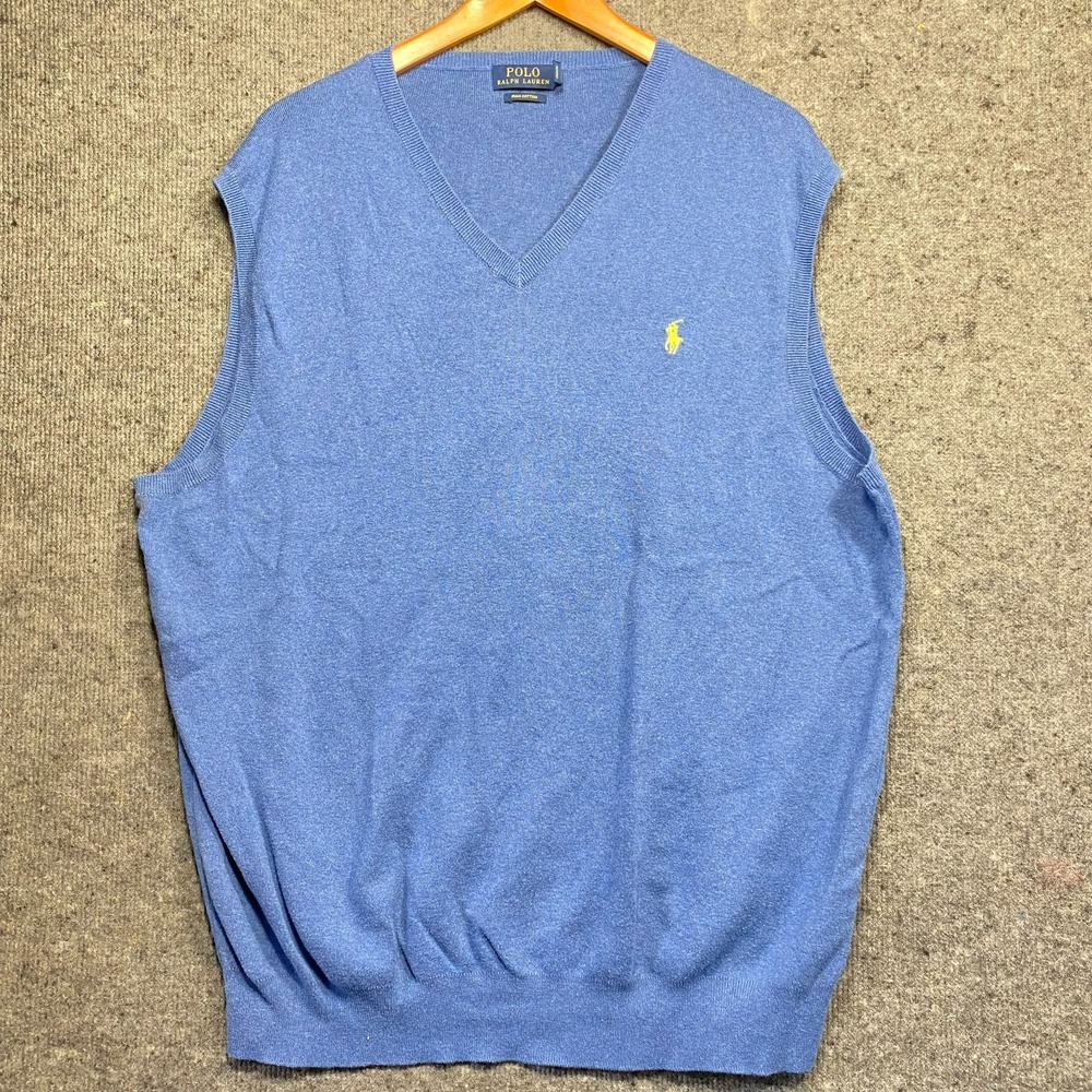 Polo Ralph Lauren Mens Pima Cotton V-Neck Sweater Vest XLT Blue w/ Yellow Logo